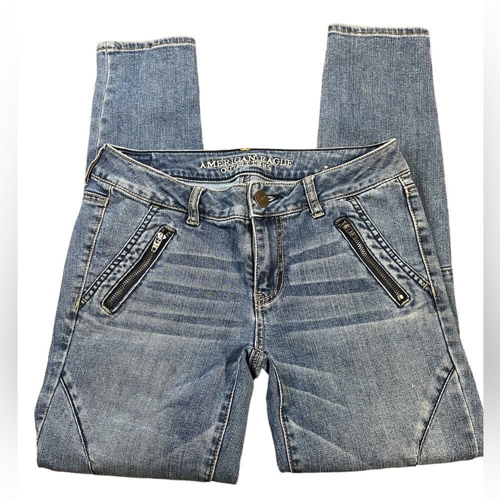 American Eagle Jegging Ankle Super Stretch Moto Jeans Blue Medium Wash Size 6